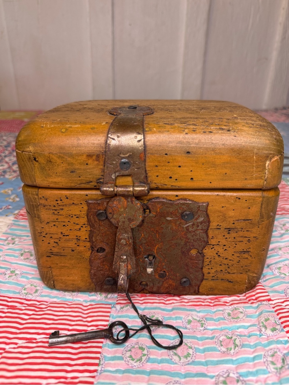 Rare Antique VTG Small Worm Wood Chest Trunk Box w/ Skeleton Key Working Lock